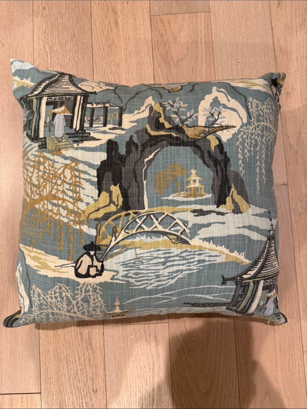 Scenic Blue and Gold Chinoiserie Accent Pillow